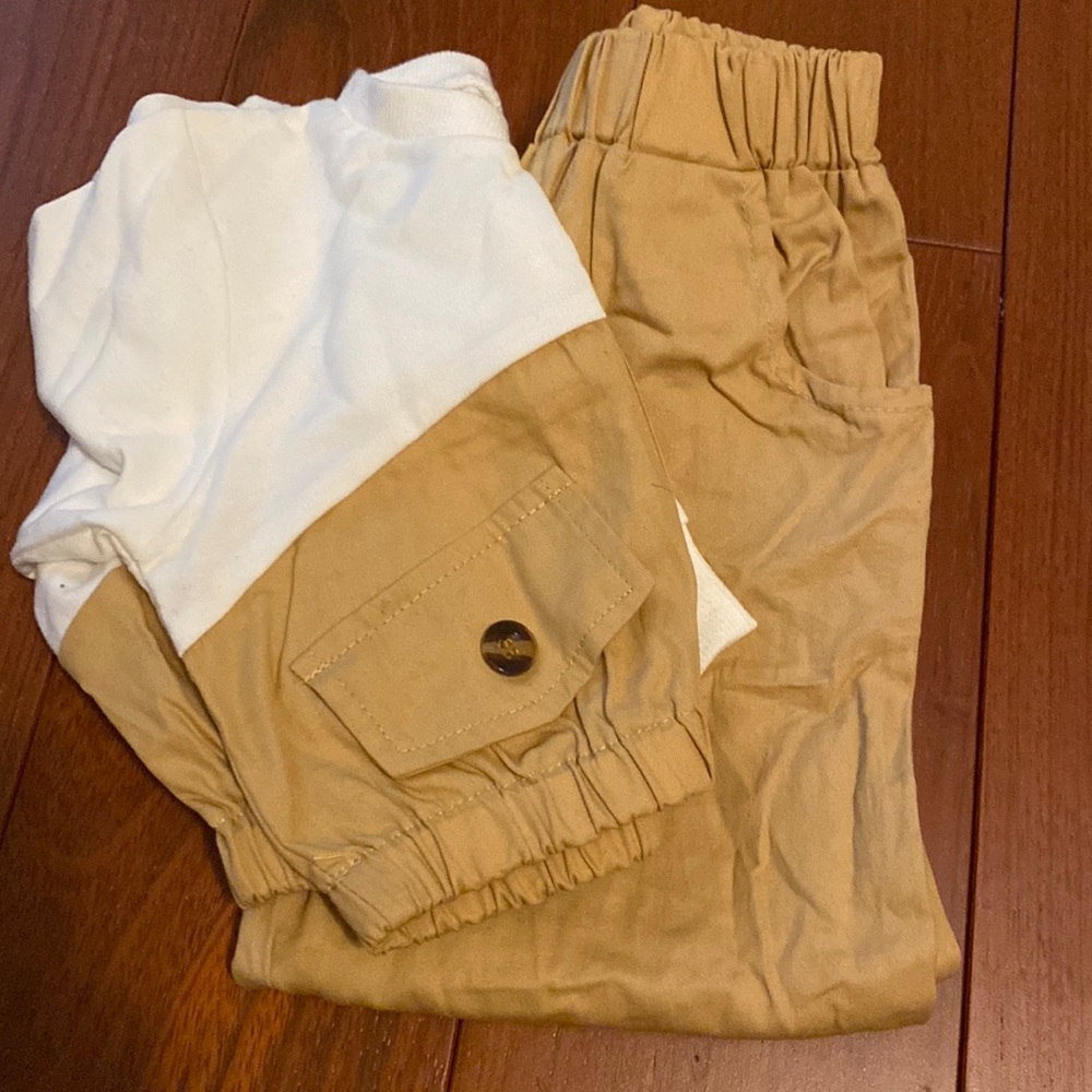 Toddler girls matching set khaki pants and khaki and white shirt